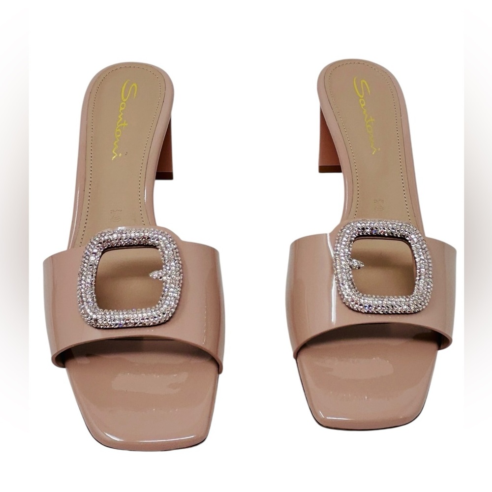 Santoni pink patent leather slip on mid heel sandals with crystal embellishment